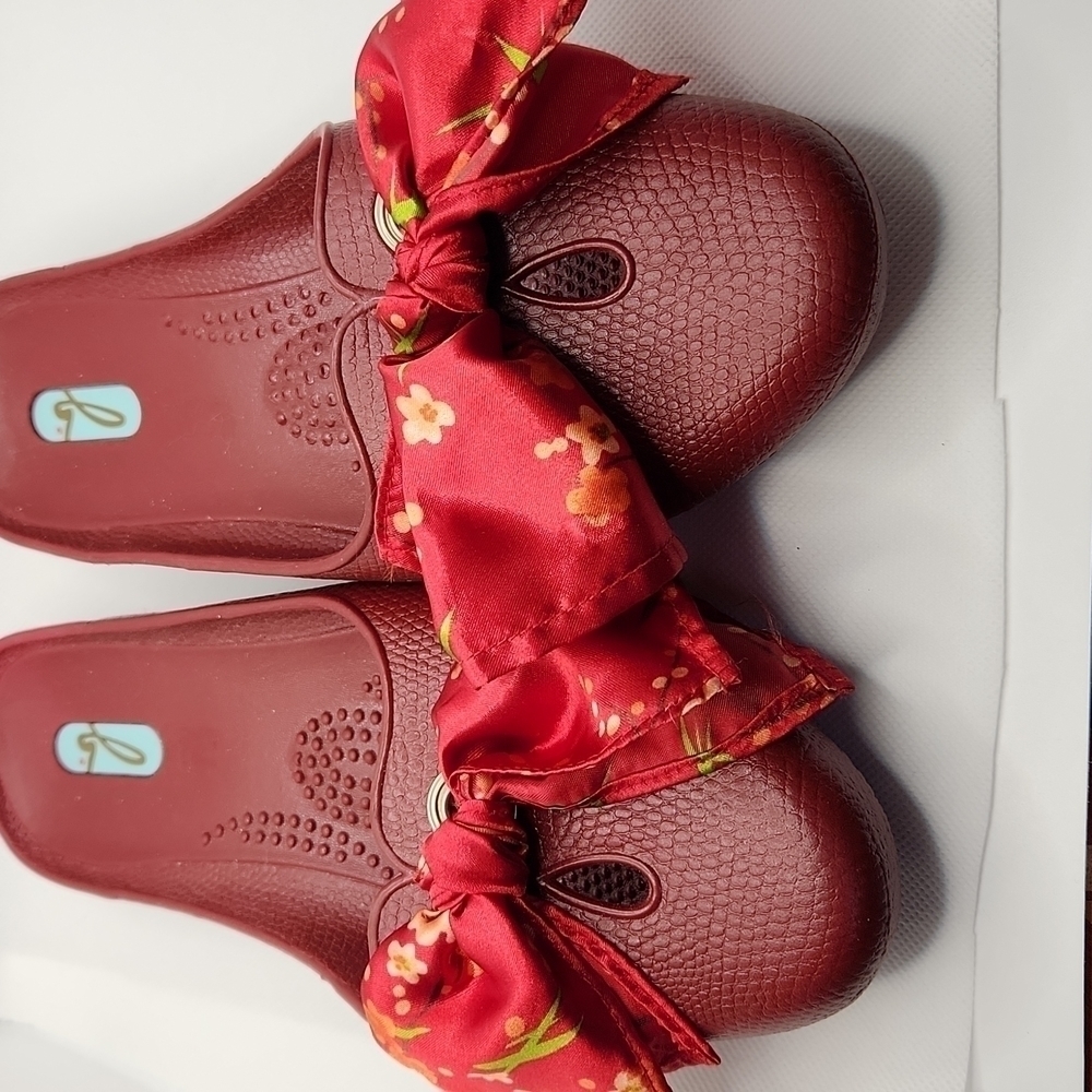 OKA b. Red Floral Print Ribbon Slip-on Mules Size M - Picture 3 of 8